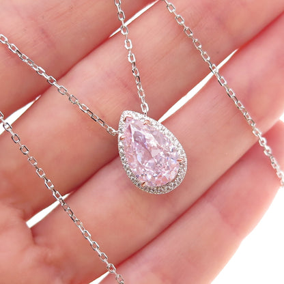 925 Sterling Silver 2-Tone Pink & White C Z Teardrop Cable Chain Necklace 16-18"
