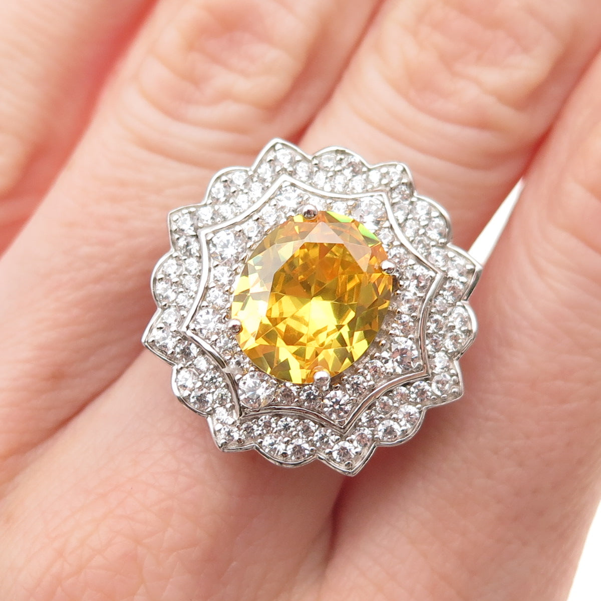 925 Sterling Silver Canary & White C Z Flower Ring Size 7.25