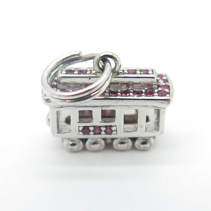 925 Sterling Silver Lab-Created Pink Sapphire Tram / Cable Car 3D Charm Pendant