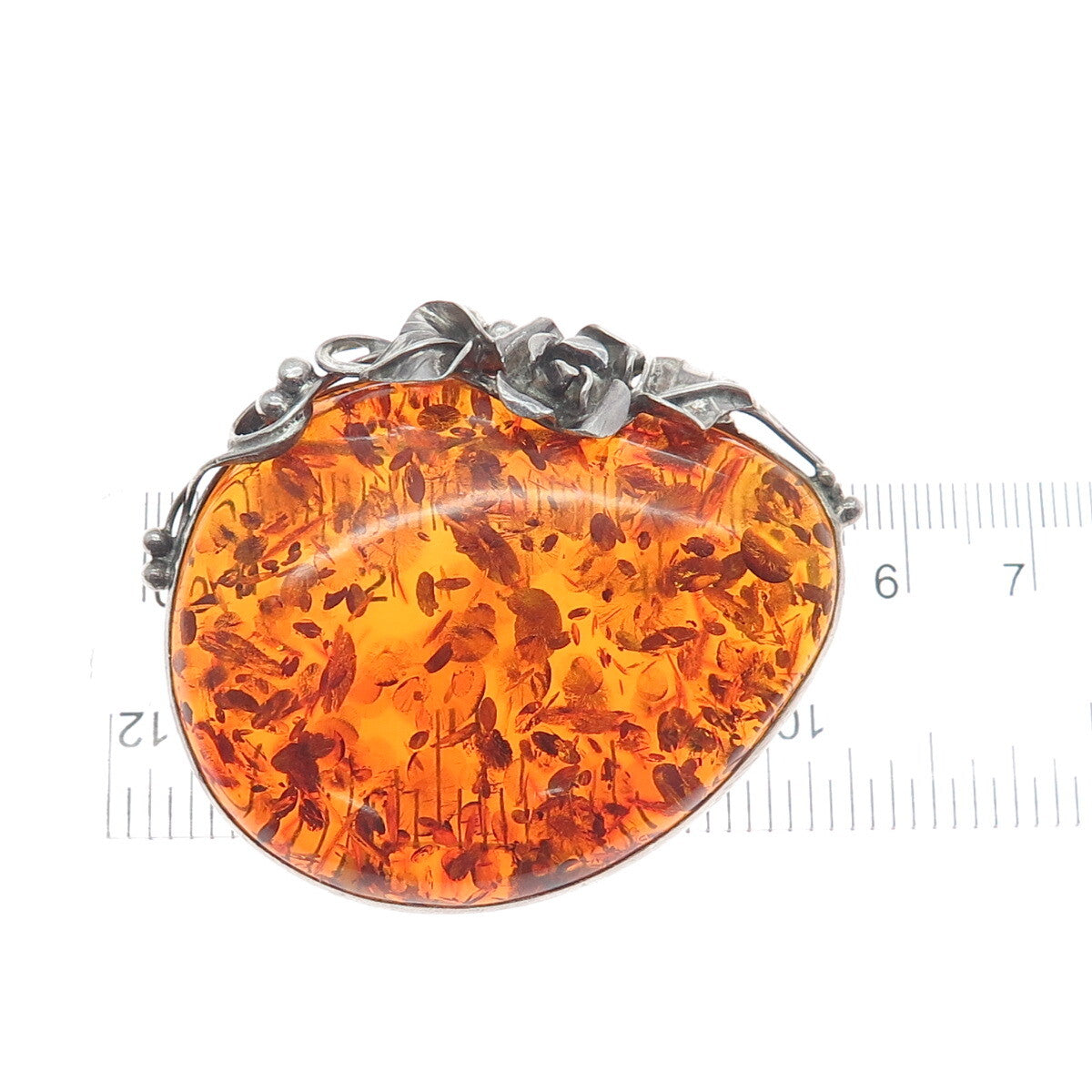 925 Sterling Silver Vintage DC Poland Real Amber Rose Flower Modernist Brooch