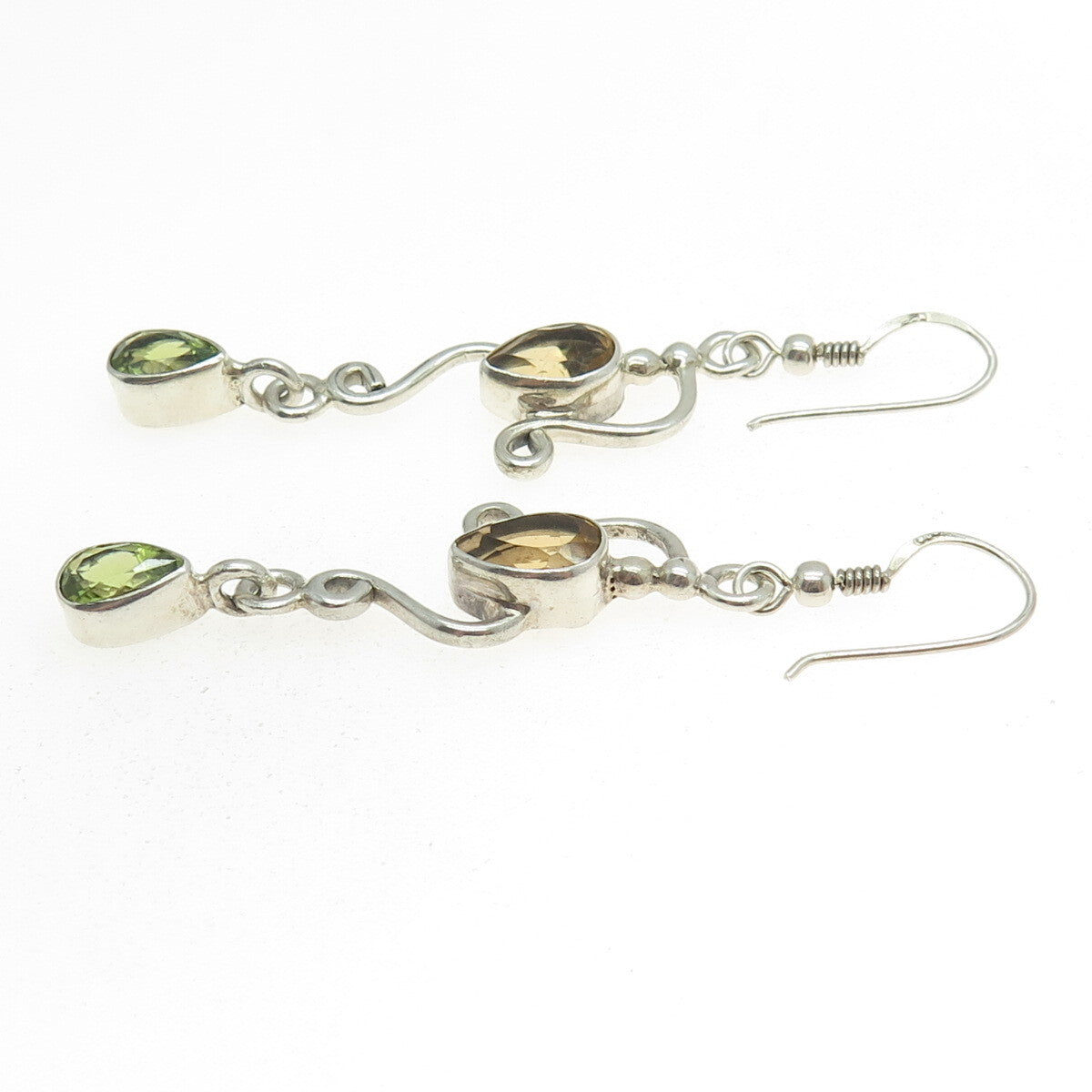SAJEN 925 Sterling Silver Vintage Citrine & Peridot Gem Ornate Dangle Earrings