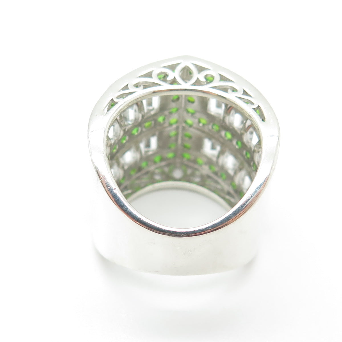 925 Sterling Silver Real Emerald-Cut White Topaz & Round-Cut Peridot Ring Size 7