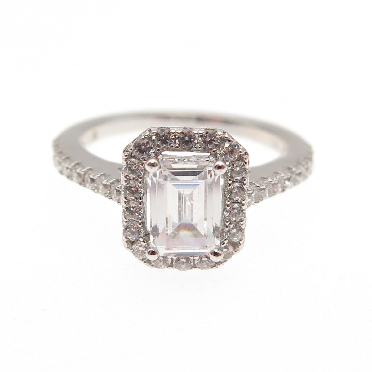 925 Sterling Silver Emerald & Round-Cut C Z Engagement Ring Size 7.25