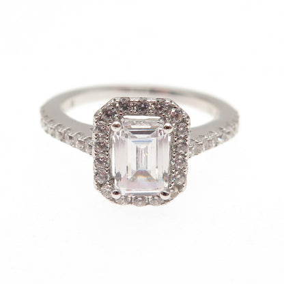 925 Sterling Silver Emerald & Round-Cut C Z Engagement Ring Size 7.25