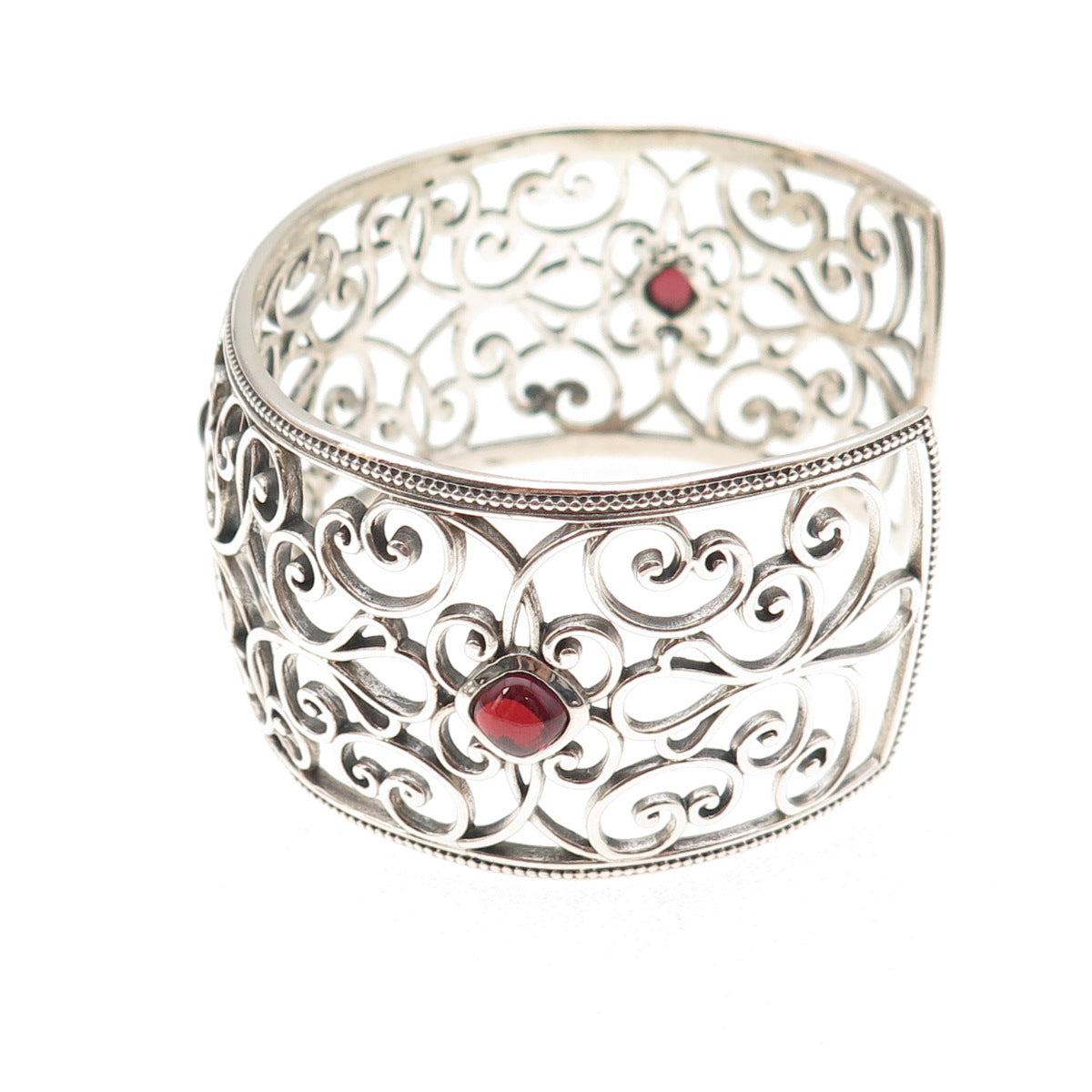 925 Sterling Silver Vintage Real Red Garnet Floral Adjustable Bracelet 7.25"