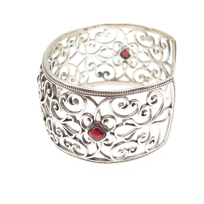 925 Sterling Silver Vintage Real Red Garnet Floral Adjustable Bracelet 7.25"