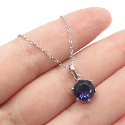 925 Sterling Silver Real Round-Cut Amethyst Cable Chain Necklace 18"