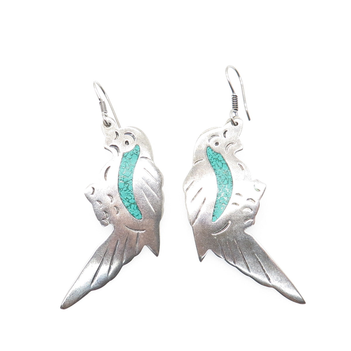 925 Sterling Silver Vintage Mexico Real Turquoise Inlay Parrot Dangle Earrings