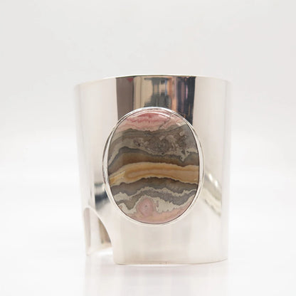 925 Sterling Silver Vintage Real Rhodochrosite Gem Wide Cuff Bracelet 7"