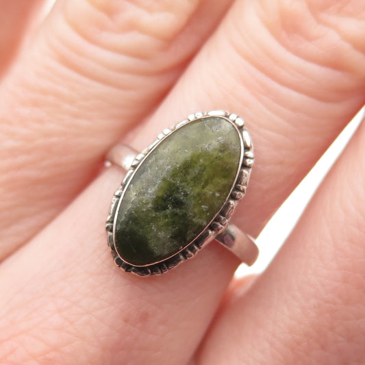 925 Sterling Silver Vintage Real Jade Bamboo Oxidized Ring Size 6.25