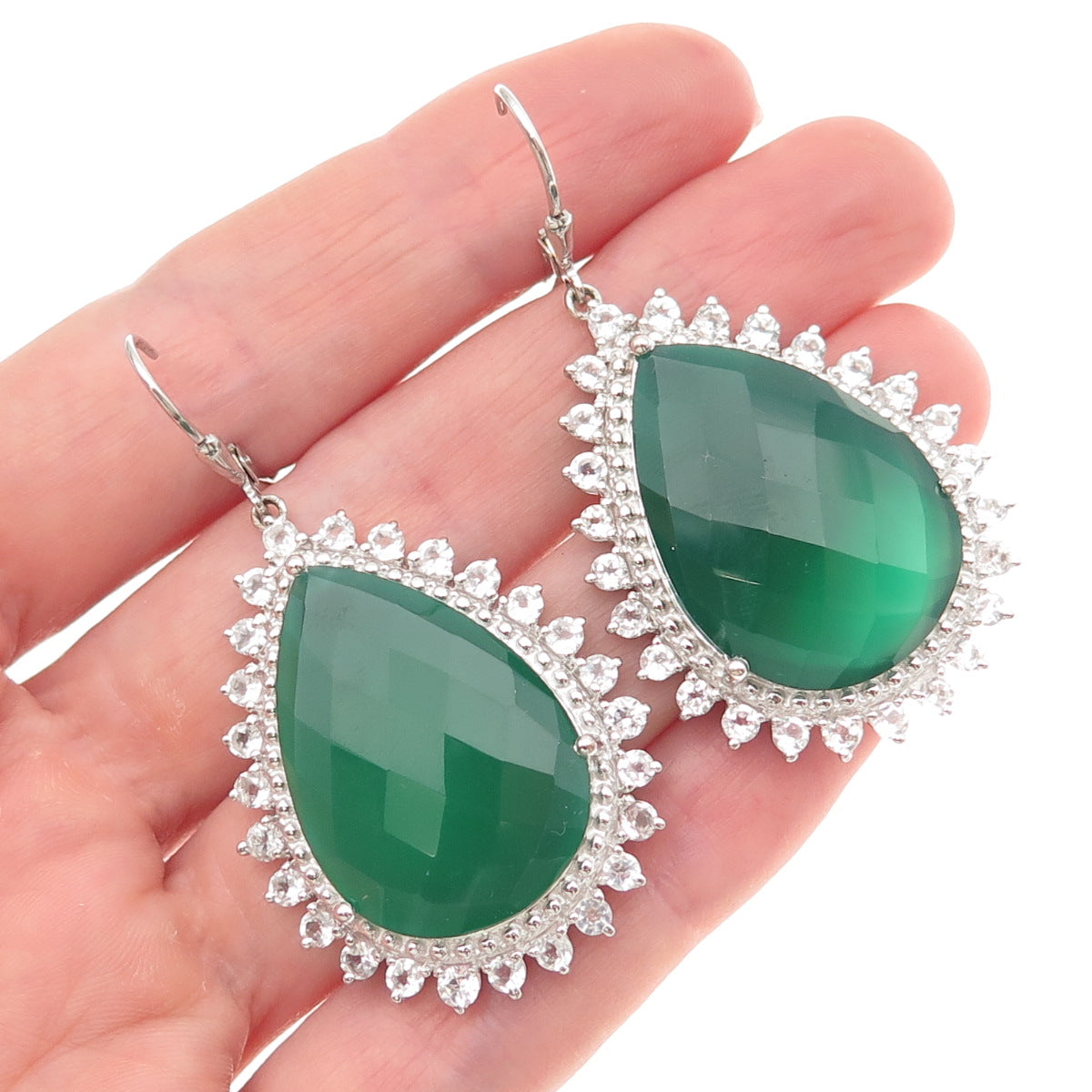 925 Sterling Silver Real Green Chalcedony & White Topaz Teardrop Dangle Earrings
