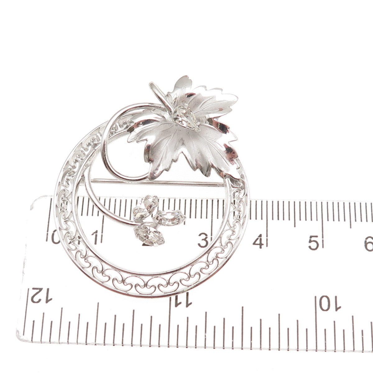 Carl Art 925 Sterling Silver Vintage Rhinestone Floral Leaf Pin Brooch