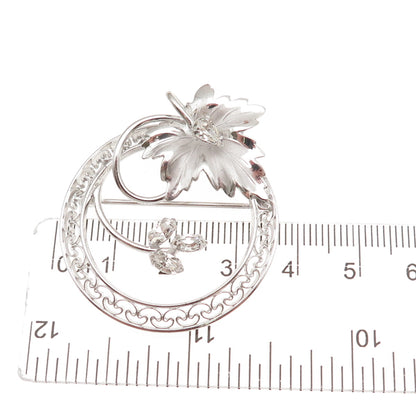 Carl Art 925 Sterling Silver Vintage Rhinestone Floral Leaf Pin Brooch