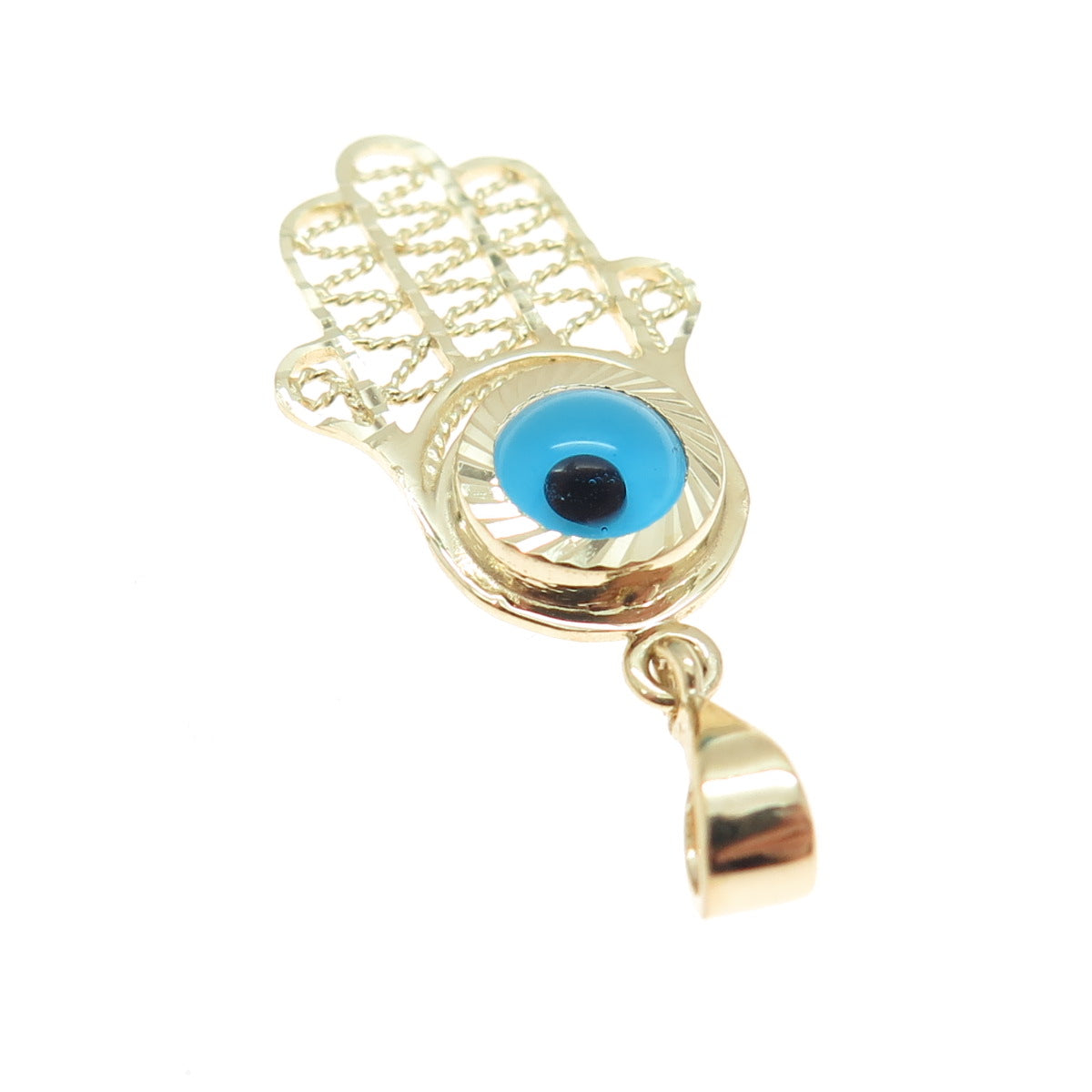 14K Yellow Gold Enamel Evil's Eye Hamsa Amulet Minimalist Charm Pendant