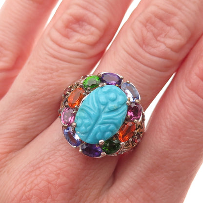 Chuck Clemency 925 Sterling Silver Real Turquoise & Multi-Gem Ring Size 8.25