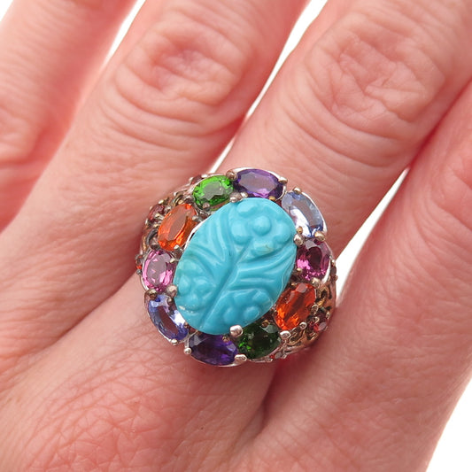 Chuck Clemency 925 Sterling Silver Real Turquoise & Multi-Gem Ring Size 8.25