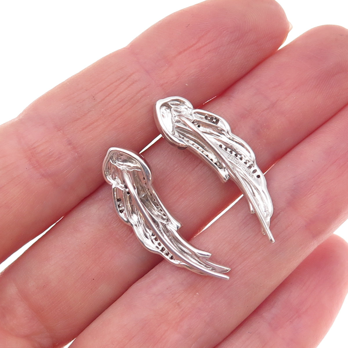 925 Sterling Silver Real Round-Cut Diamond Angel Wings Earrings