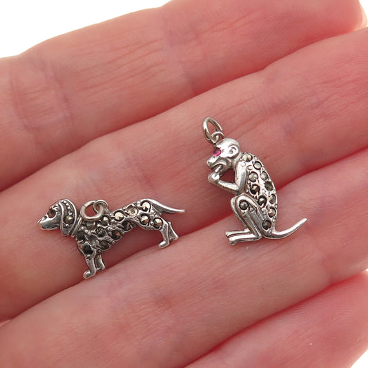 Sterling Antique Ruby Marcasite Dog Monkey SET of 2 Pendants (missing 4 stones)
