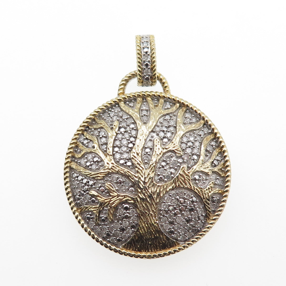925 Sterling Silver 2-Tone Round-Cut C Z Tree of Life Pendant