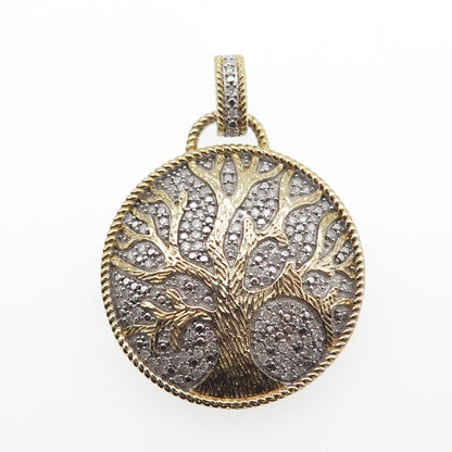 925 Sterling Silver 2-Tone Round-Cut C Z Tree of Life Pendant