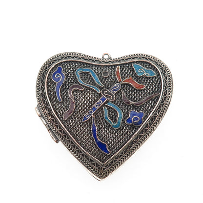 925 Sterling Silver Antique Art Deco Enamel Mesh Heart Locket Oxidized Pendant