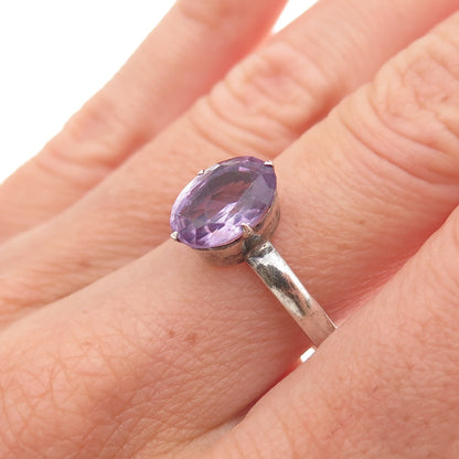 925 Sterling Silver Vintage Real Oval-Cut Amethyst Oxidized Ring Size 8.5