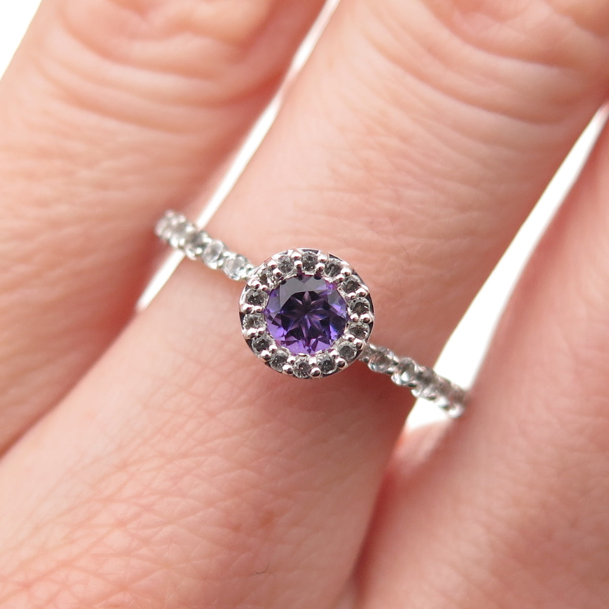 925 Sterling Silver Real Round-Cut Amethyst & White Topaz Ring Size 6.25