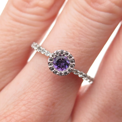 925 Sterling Silver Real Round-Cut Amethyst & White Topaz Ring Size 6.25