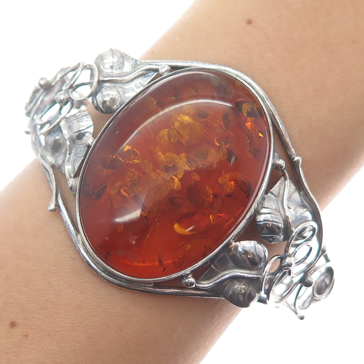 925 Sterling Silver Vintage Real Amber Floral Adjustable Oxidized Bracelet 7"