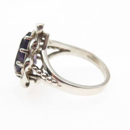 925 Sterling Silver Vintage Real Amethyst Teardrop Oxidized Ring Size 6.75