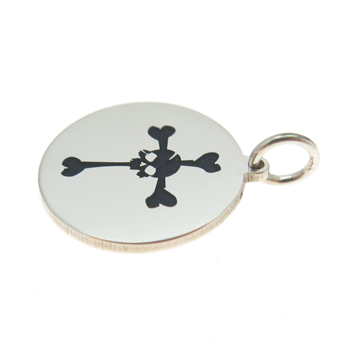 925 Sterling Silver Black Enamel Skull Cross Round Tag Minimalist Charm Pendant