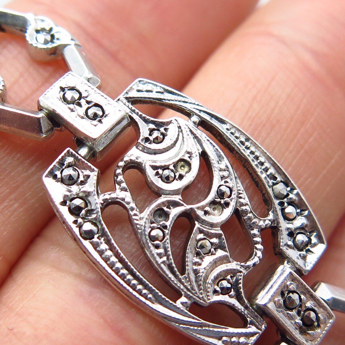925 Sterling Silver Antique Real Marcasite Gemstone Panel Link Bracelet 7"