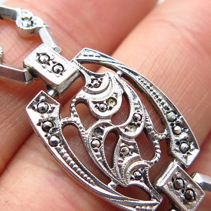 925 Sterling Silver Antique Real Marcasite Gemstone Panel Link Bracelet 7"