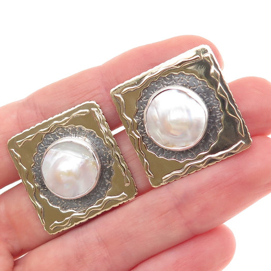 925 Sterling Silver 10K Gold Vintage 1991 Real Blister Pearl Modernist Earrings