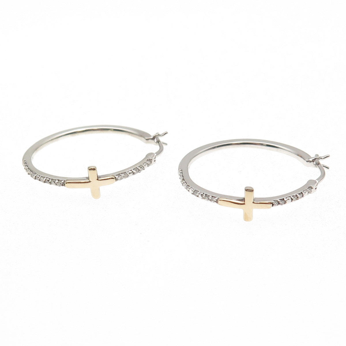 Sun 925 Sterling Silver 10K Gold Real Round-Cut Diamond Cross Hoop Earrings