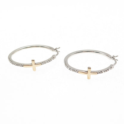 Sun 925 Sterling Silver 10K Gold Real Round-Cut Diamond Cross Hoop Earrings