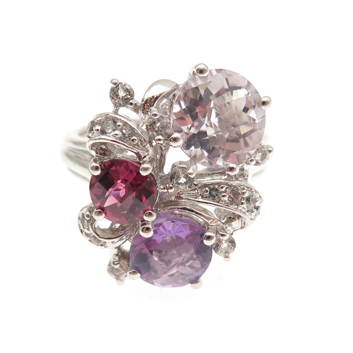 925 Sterling Silver Real Amethyst Tourmaline & White Topaz Ring Size 7