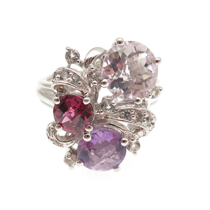 925 Sterling Silver Real Amethyst Tourmaline & White Topaz Ring Size 7