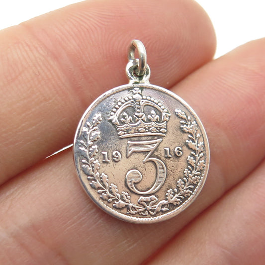 925 Sterling Silver Antique 1916 King George V 3 Pence Coin Charm Pendant