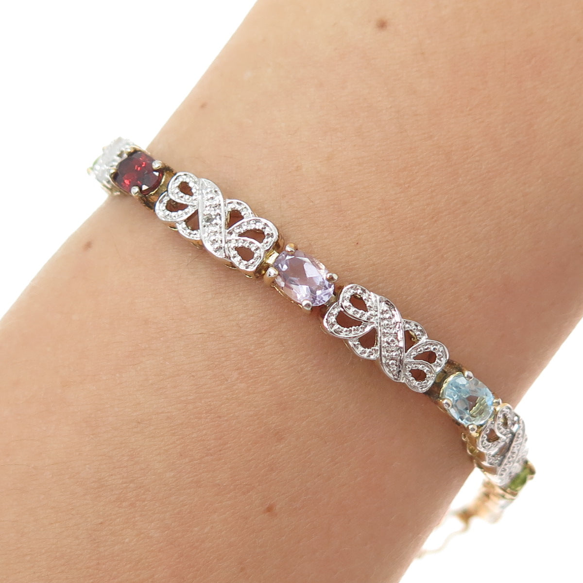 HAN 925 Sterling Silver Gold Plated Diamond Topaz Peridot Garnet Bracelet 7.25"