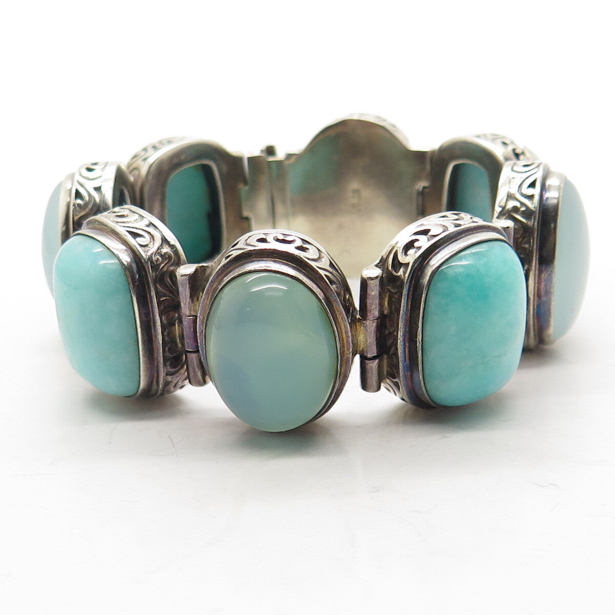 925 Sterling Silver Vintage Amazonite & Chalcedony Solid 102.5g Bracelet 6.5"