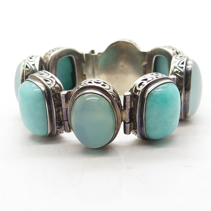 925 Sterling Silver Vintage Amazonite & Chalcedony Solid 102.5g Bracelet 6.5"