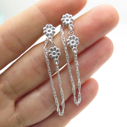 925 Sterling Silver Blooming Flower Chain Drop Earrings