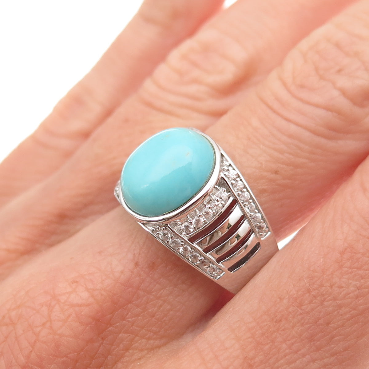 925 Sterling Silver Real Tyrone Turquoise & White Topaz Ring Size 8.25