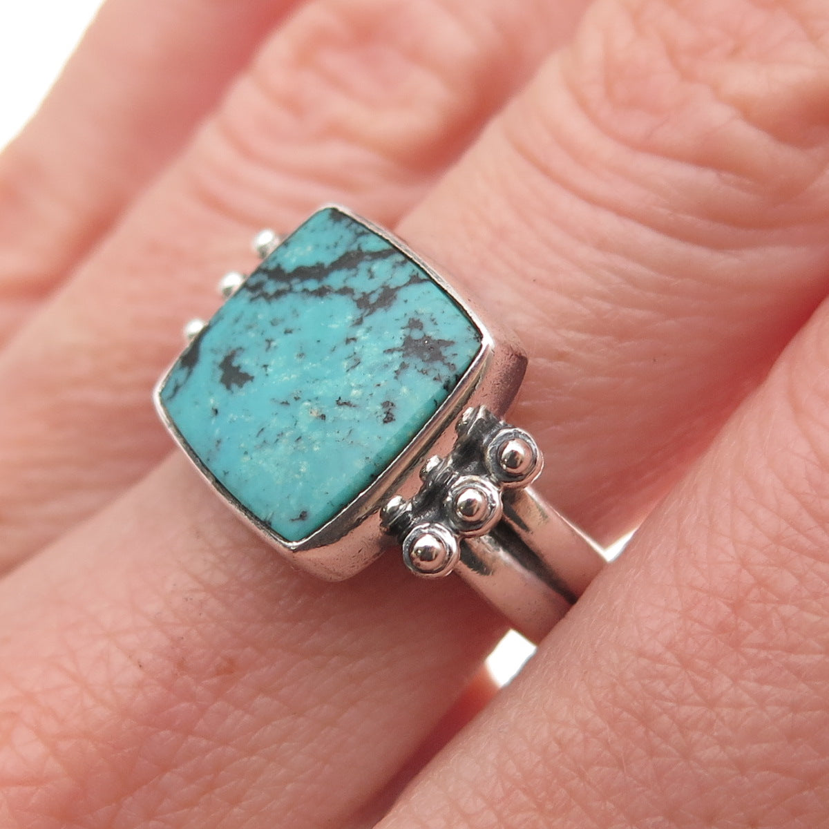 Chipita 925 Sterling Silver Vintage Real Turquoise Oxidized Ring Size 7.25