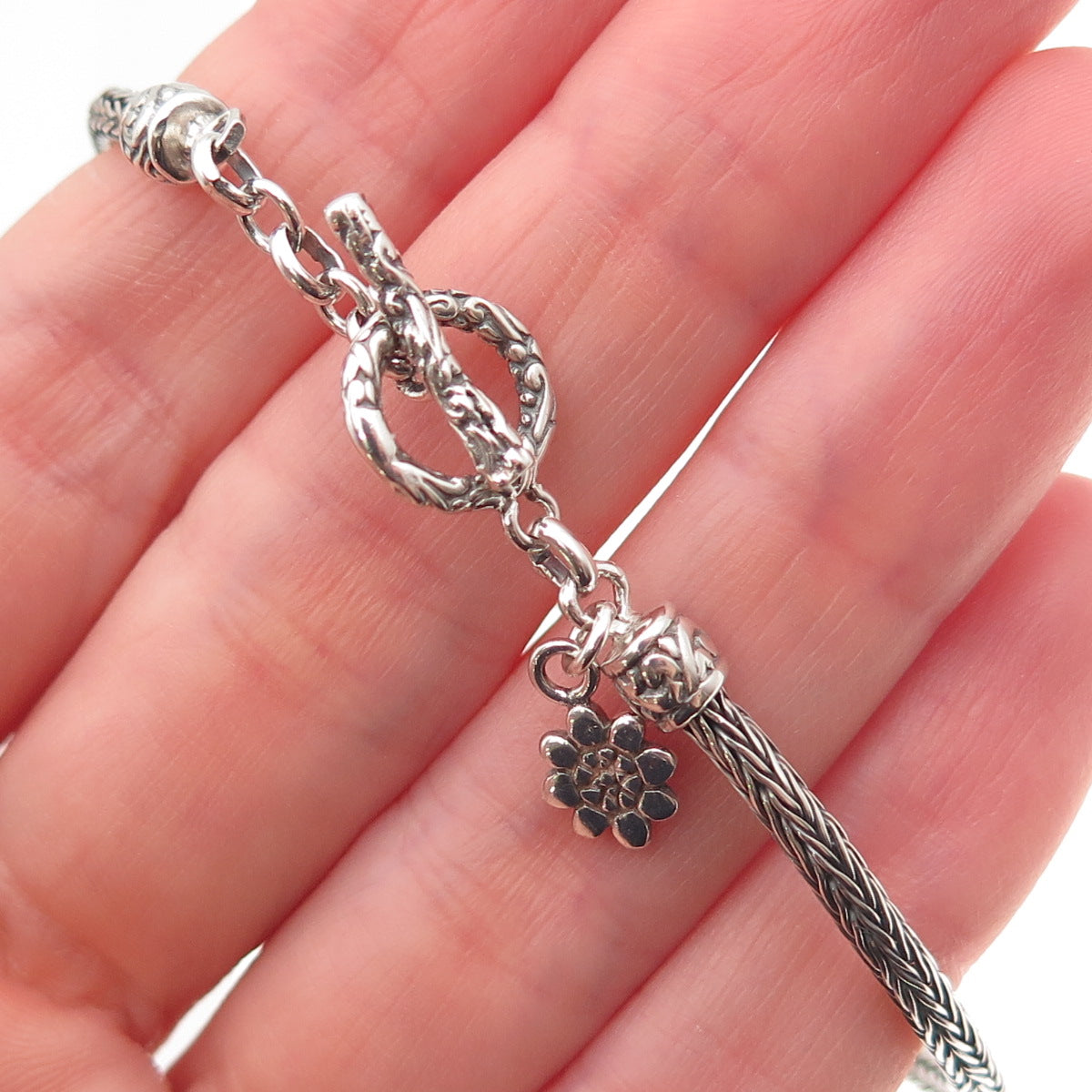 ATI Annika Witt 925 Sterling Silver Vintage Floral Bar Spiga Link Bracelet 7.25"