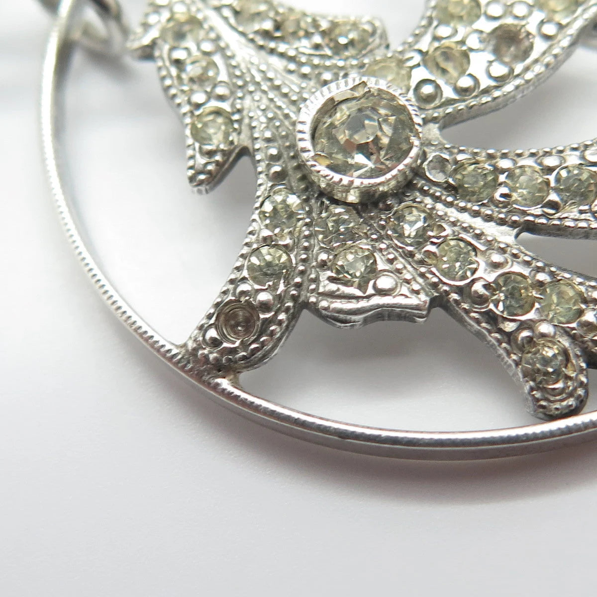925 Sterling Silver Antique Rhinestone Ornate Round Pin Brooch