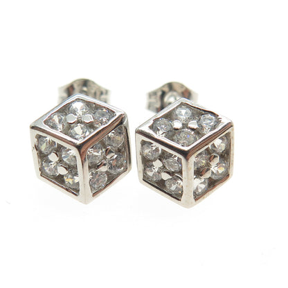 925 Sterling Silver Round-Cut C Z Cube Stud Earrings