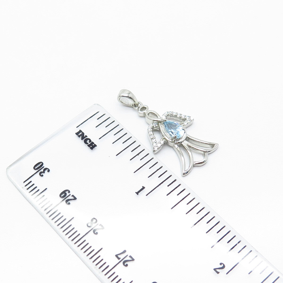 925 Sterling Silver Real Blue Topaz Gem & C Z Angel Pendant