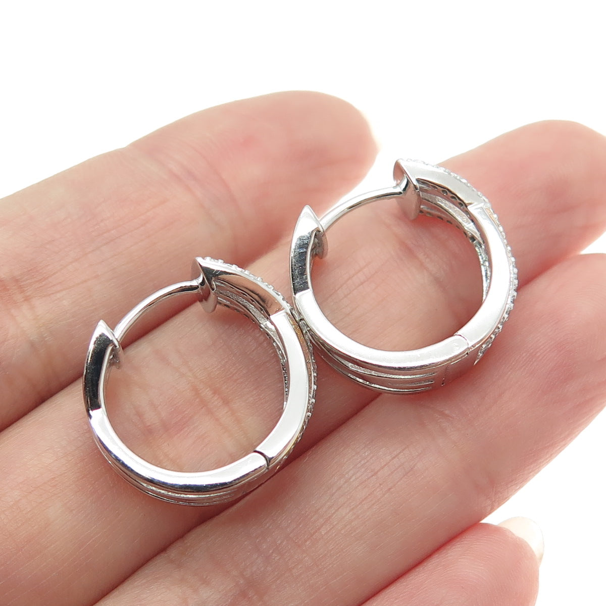 HAN 925 Sterling Silver 3-Tone Round-Cut C Z Crisscross Hoop Earrings